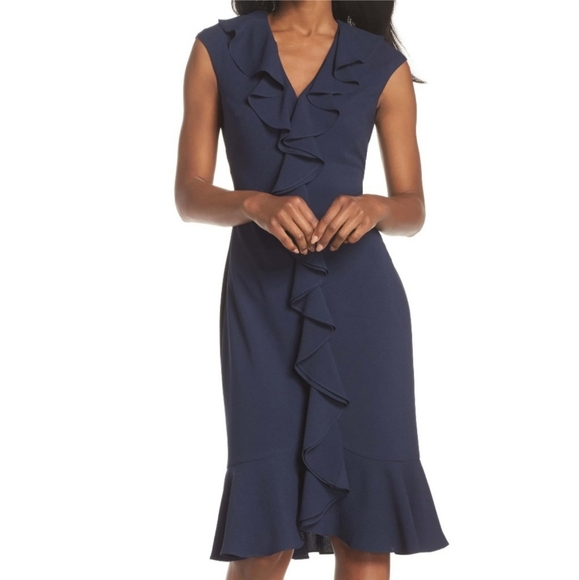 Maggie London Navy Crepe Ruffle Dress Size 18 - Picture 2 of 9